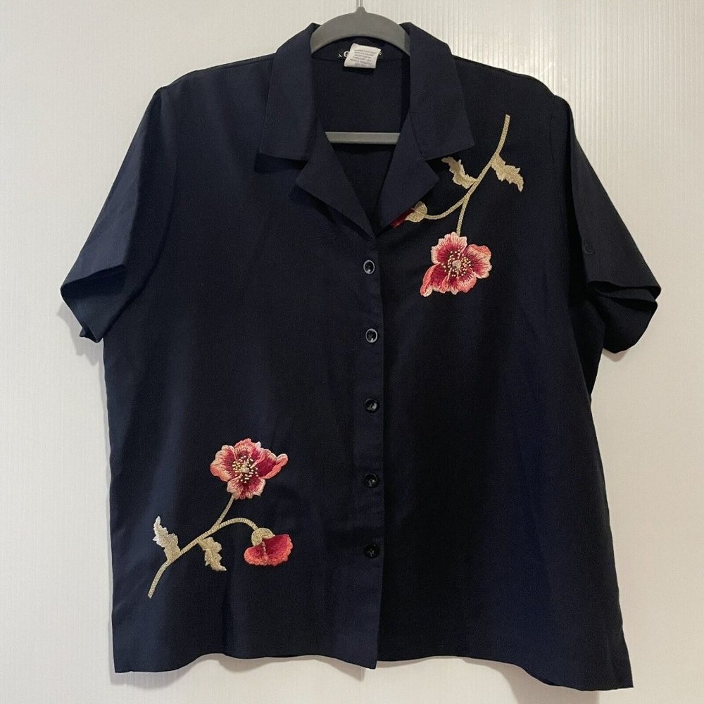 Vintage Gepetto Black Shirt Floral Embroidered Polyester Rayon Top Blouse Sz L